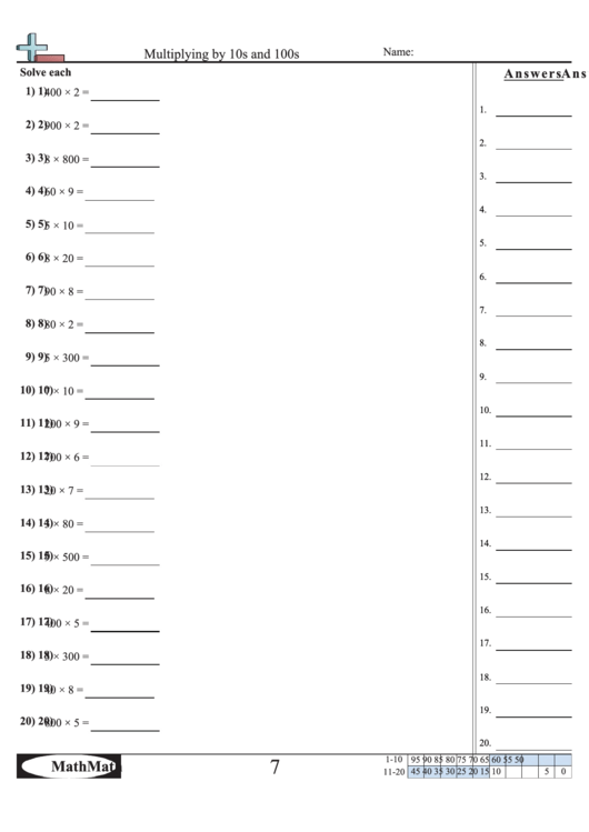 Multiplying By 10s & 100s - Math Worksheet With Answer Key Printable pdf