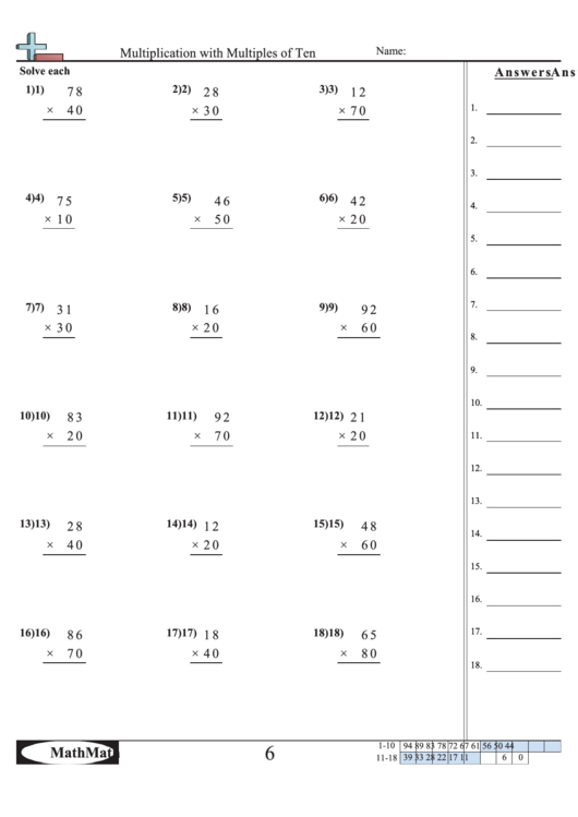 Multiplication With Multiples Of Ten - Math Worksheet With Answer Key Printable pdf