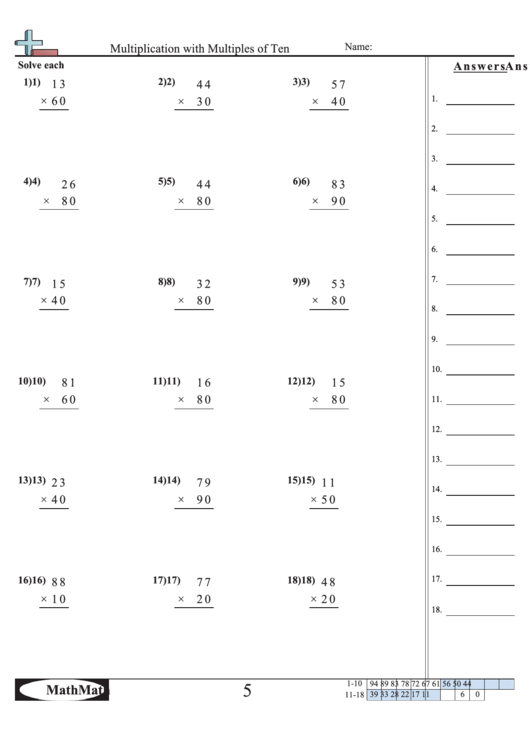 Multiplication With Multiples Of Ten - Math Worksheet With Answer Key Printable pdf