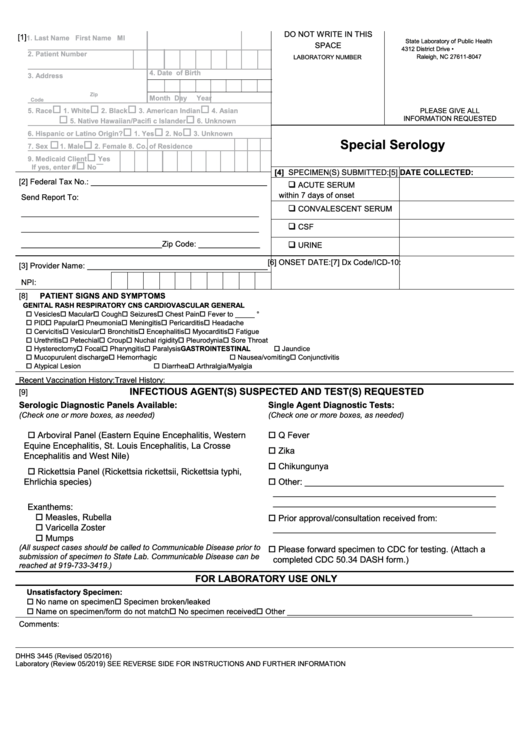 Form Dhhs 3445 - Special Serology Printable pdf