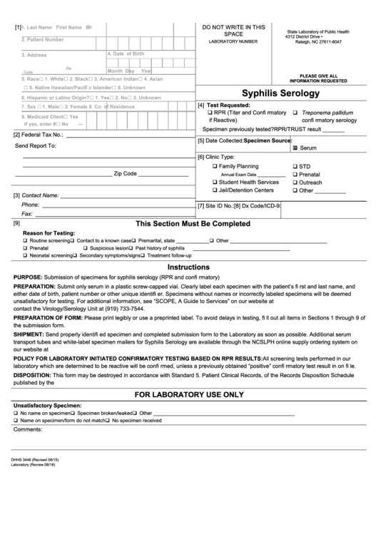 Form Dhhs-3446 - Syphilis Serology Printable pdf
