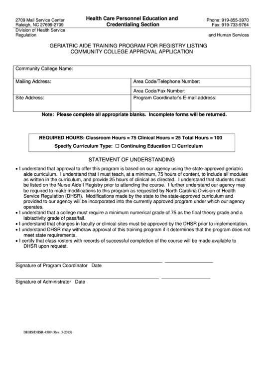 Fillable Geriatric Aide Training Program For Registry Listing Community College Approval Application Form - N.c. Department Of Health And Human Services Printable pdf