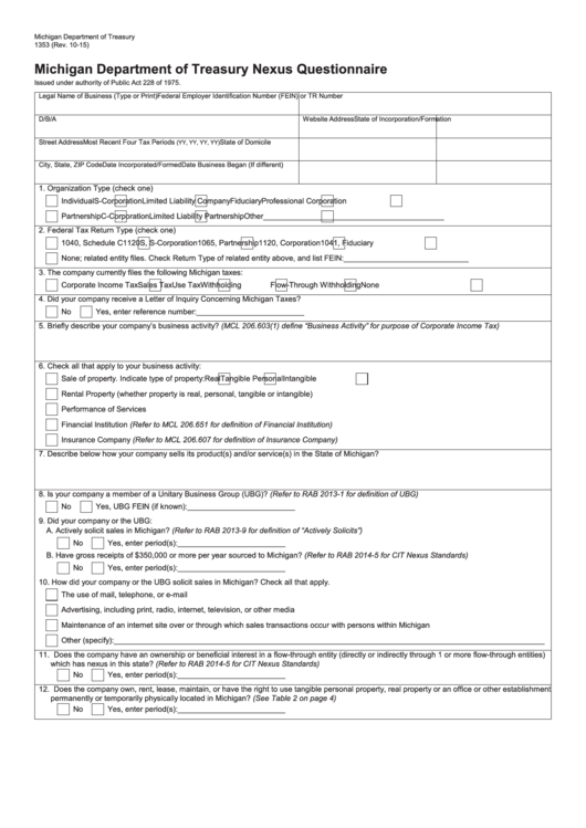 Form 1353 - Michigan Department Of Treasury Nexus Questionnaire Printable pdf