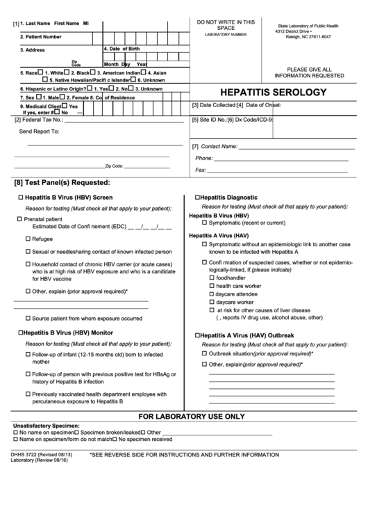 Form Dhhs 3722 - Hepatitis Serology Printable pdf