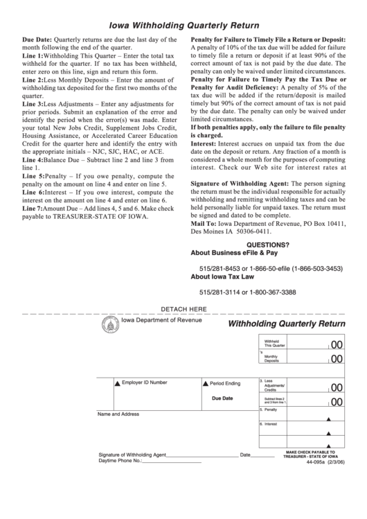 Form 44-095a - Withholding Quarterly Return Form Printable pdf