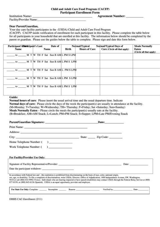 Child And Adult Care Food Program (Cacfp) Participant Enrollment Form Printable pdf