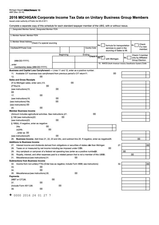 Form 4897 - Michigan Corporate Income Tax Data On Unitary Business Group Members - 2016 Printable pdf