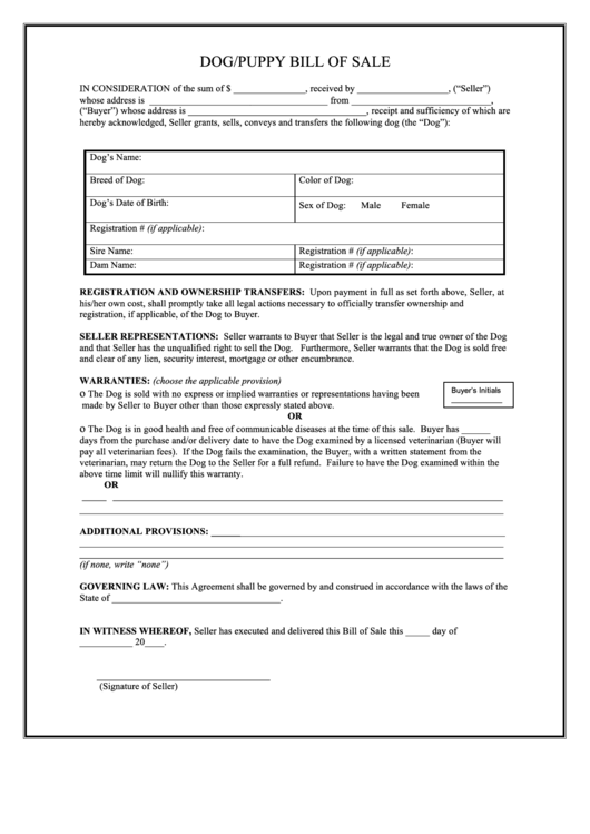 Fillable Dog/puppy Bill Of Sale Form Printable pdf