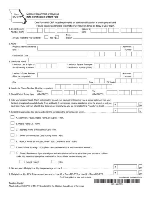 Fillable Form Mo-Crp - Certification Of Rent Paid - Missouri Department Of Revenue - 2016 Printable pdf