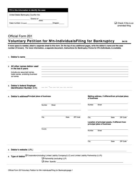 Fillable Official Form 201 - Voluntary Petition For Non-Individuals Filing For Bankruptcy Printable pdf