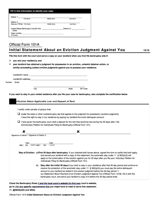 Fillable Official Form 101a Initial Statement About An Eviction