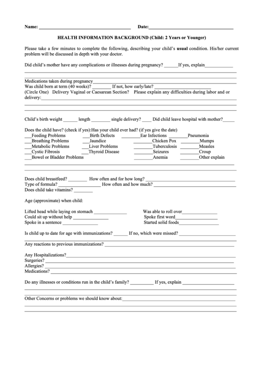 Health Information Background Form (Child: 2 Years Or Younger) Printable pdf