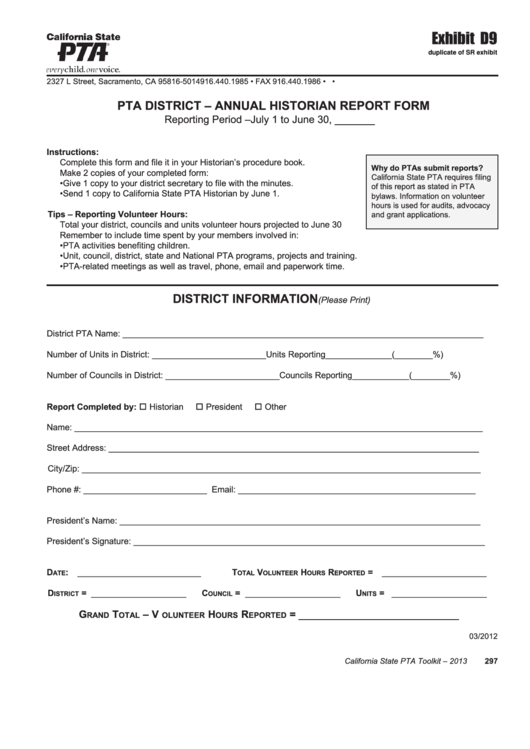 Pta District - Annual Historian Report Form - Exhibit D9 Printable pdf