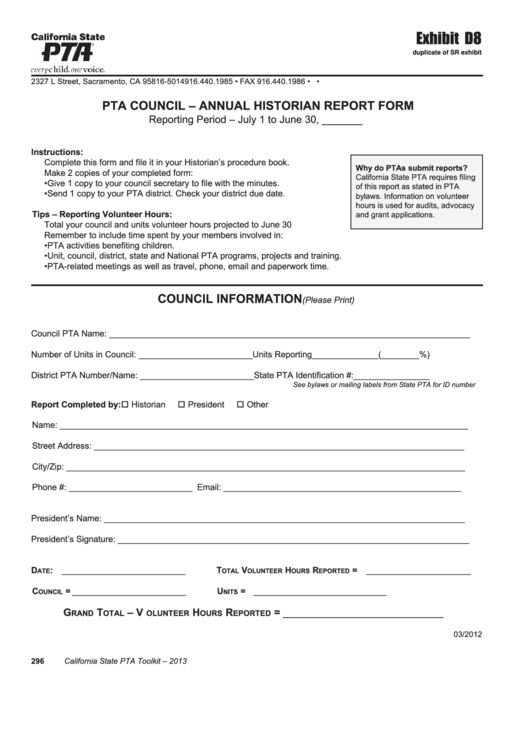 Pta Council - Annual Historian Report Form - Exhibit D8 Printable pdf