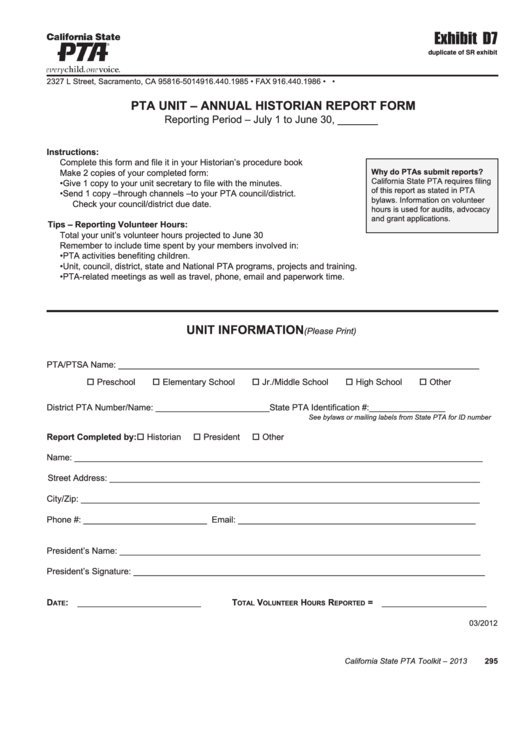 Pta Unit - Annual Historian Report Form - Exhibit D7 Printable pdf