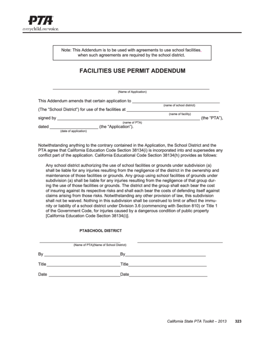 Facilities Use Permit Addendum Form Printable pdf