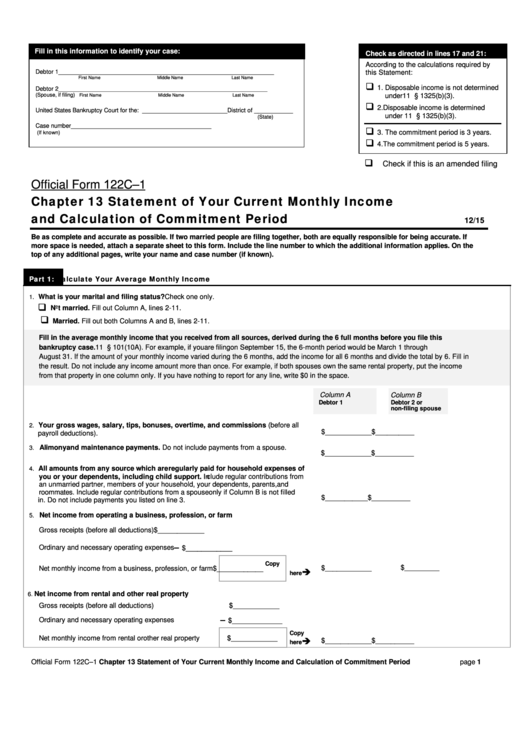 Fillable Official Form 122c-1 - Chapter 13 Statement Of Your Current Monthly Income And Calculation Of Commitment Period Printable pdf