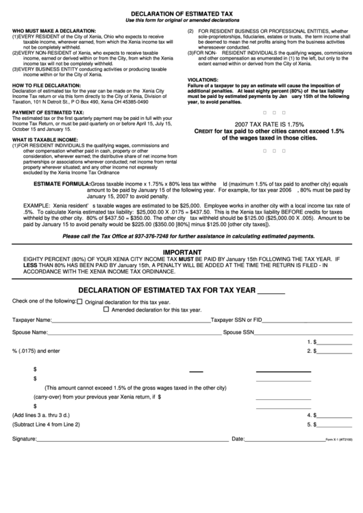 Declaration Of Estimated Tax Form- The City Of Xenia Printable pdf