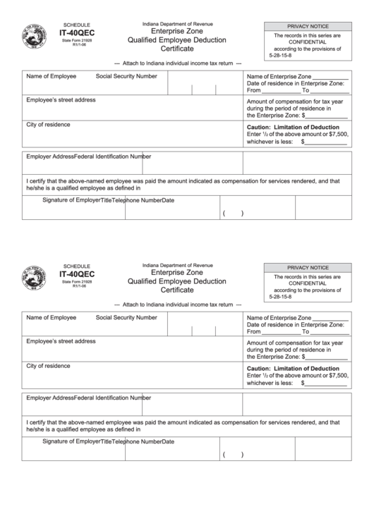 Schedule It-40qec - Enterprise Zone Qualified Employee Deduction Certificate Printable pdf