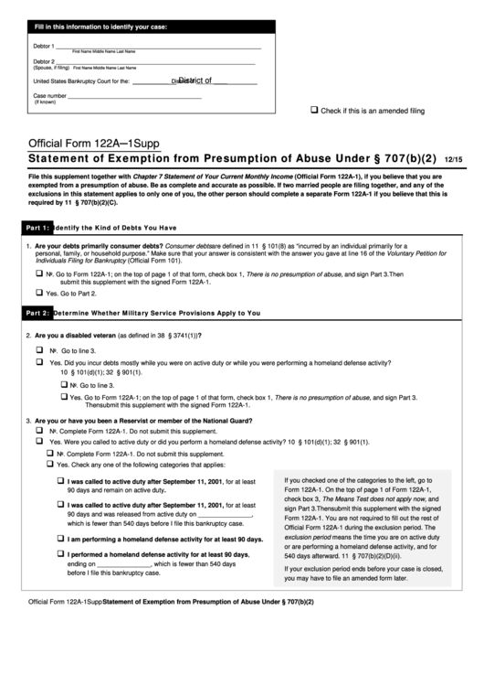 Fillable Form 122a - 1supp - Statement Of Exemption From Presumption Of Abuse Printable pdf