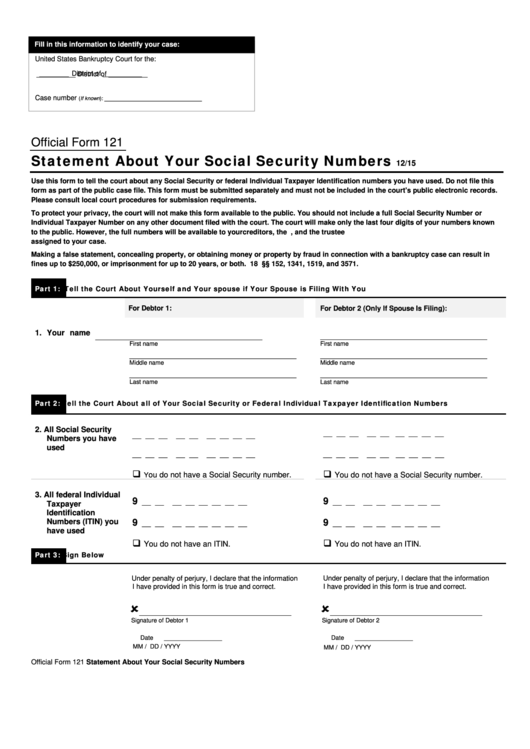 Fillable Form 121 - Statement About Your Social Security Numbers Printable pdf