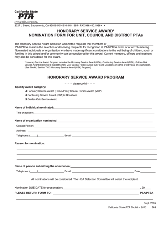 Honorary Service Award Nomination Form For Unit, Council And District Ptas Printable pdf