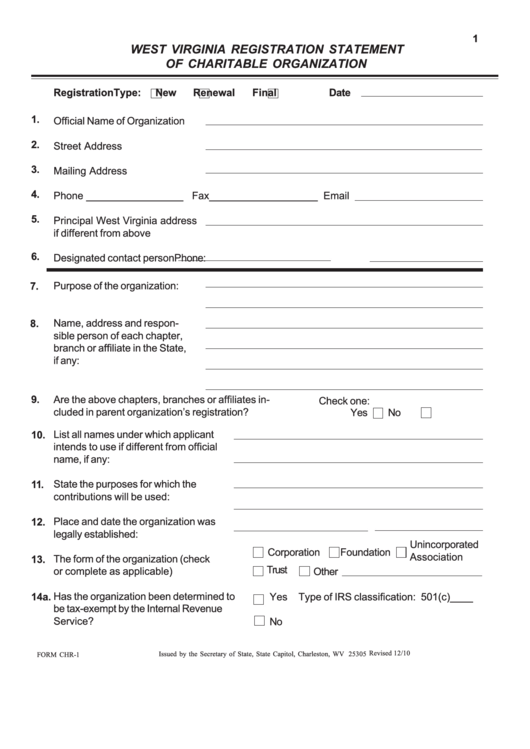 Fillable Form Chr-1 - Registration Statement Of Charitable Organization Printable pdf