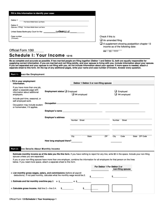 Fillable Official Form 106i - Schedule I: Your Income Printable pdf