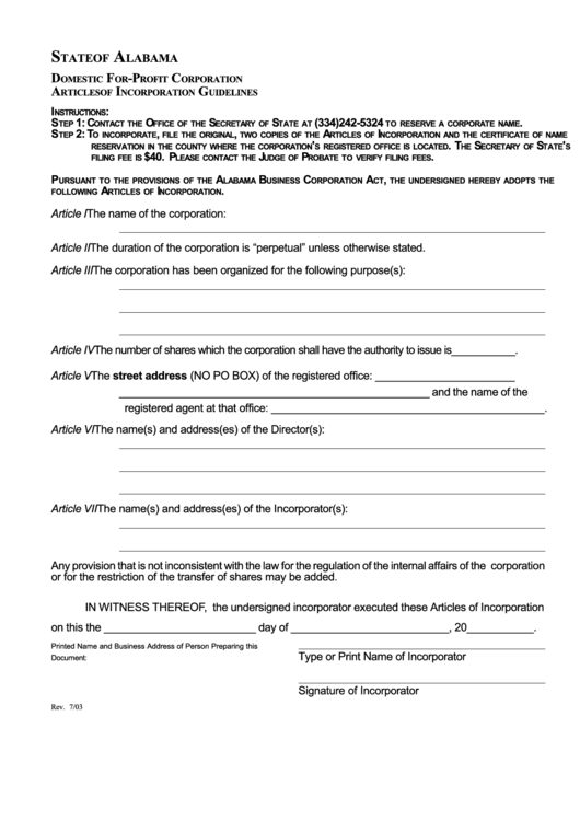 Domestic For-Profit Corporation Articles Of Incorporation Guidelines Form Printable pdf
