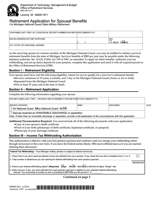 Form R0890d - Retirement Application For Spousal Benefits Printable pdf