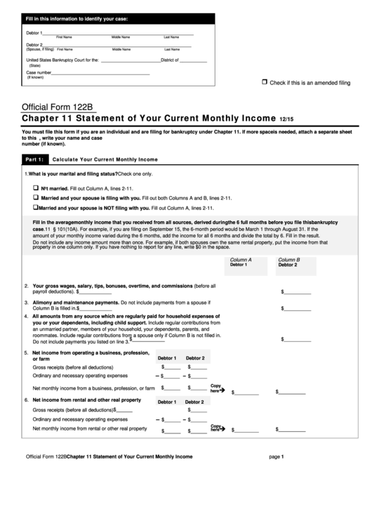 Fillable Official Form 122b - Chapter 11 Statement Of Your Current Monthly Income Printable pdf