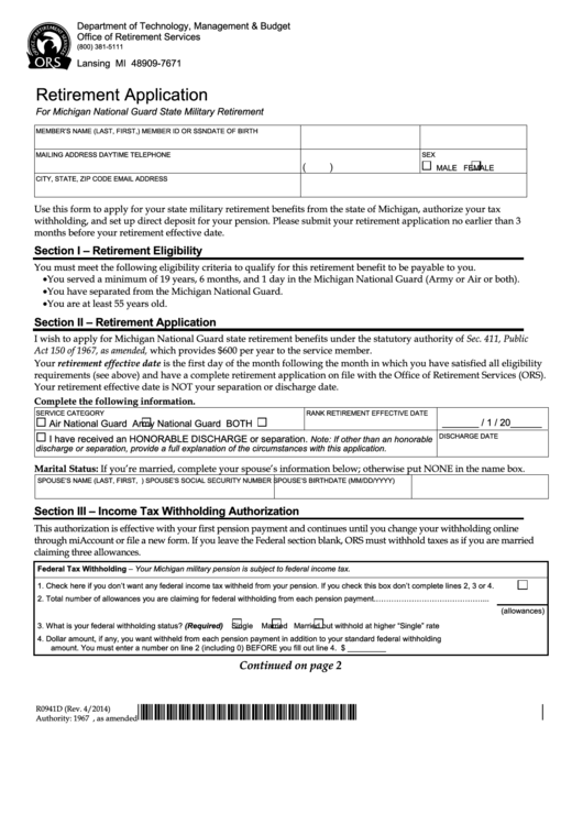 Form R0941d - Retirement Application Printable pdf