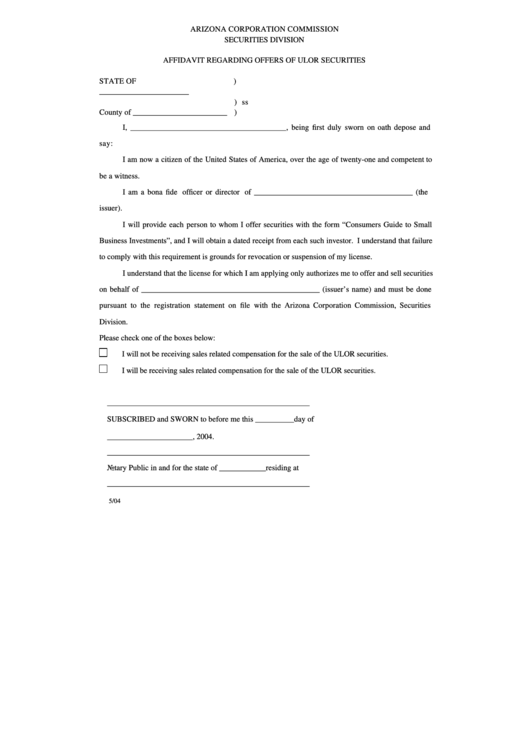Affidavit Regarding Offers Of Ulor Securities Form - Securities Division Of Arizona Corporation Commission Printable pdf