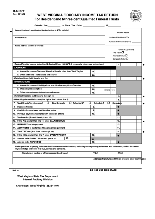 Form It-141qft - For Resident And Nonresident Qualified Funeral Trusts Printable pdf