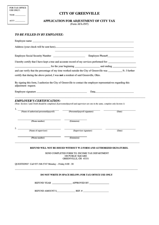 Form Afa-Int - Application For Adjustment Of City Tax - City Of Greenville Printable pdf