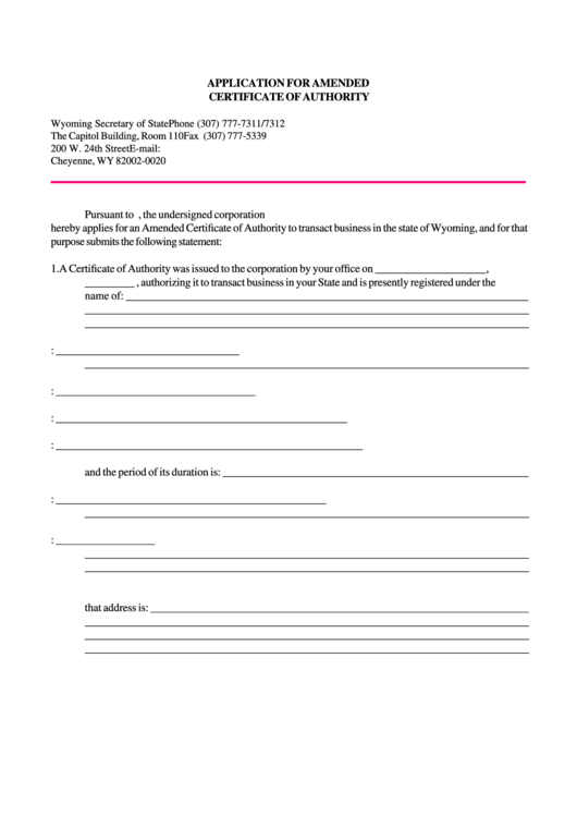 Fillable Form Application For Amended Certificate Of Authority - Wyoming Secretary Of State Printable pdf