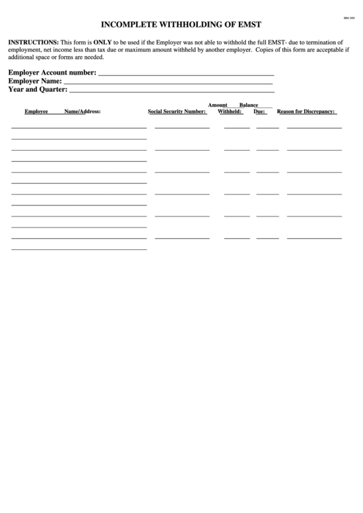 Form I884 - Incomplete Withholding Of Emst Printable pdf
