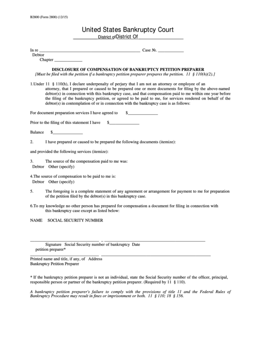 Fillable Form 2800 - Disclosure Of Compensation Of Bankruptcy Petition Preparer Printable pdf