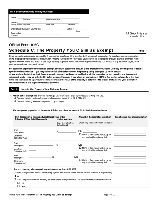Fillable Official Form 106c - Schedule C: The Property You Claim As Exempt - 2016 Printable pdf