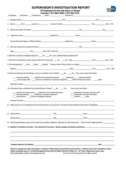 Supervisor's Investigation Report Form