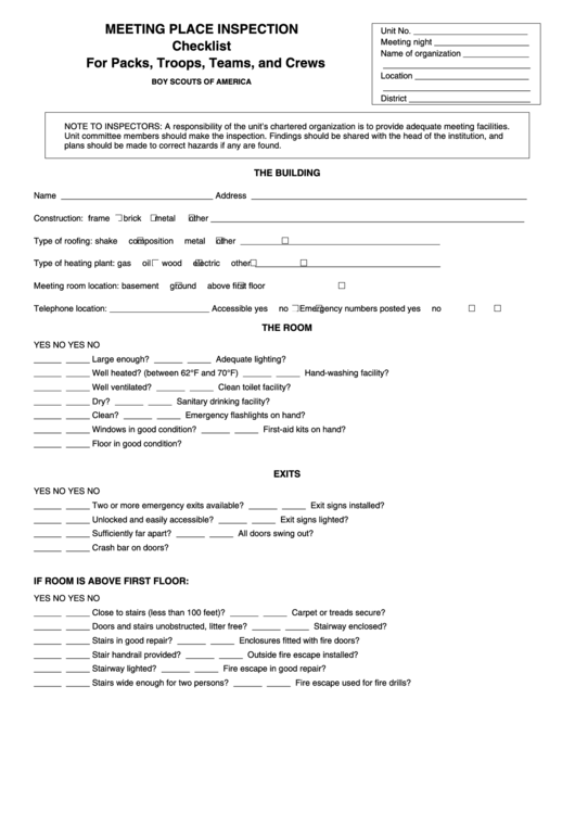 Fillable Meeting Place Inspection Checklist Form Printable pdf