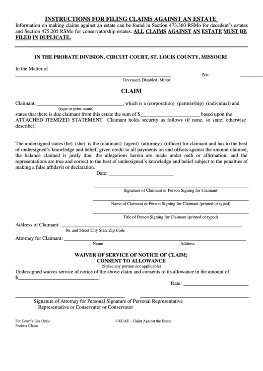 Fillable Claim Form - St.louis County, Missouri Printable pdf