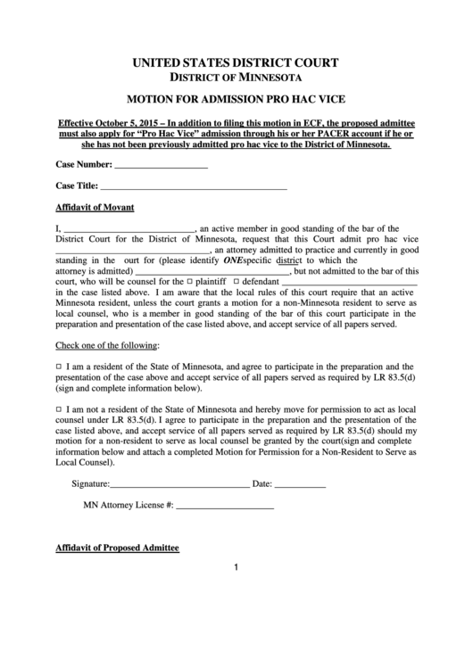 Motion For Admission Pro Hac Vice Form - Minnesota Printable pdf