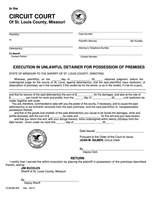 Fillable Form Ccac96-Ws - Execution In Unlawful Detainer For Possession Of Premises Form - St.louis County, Missouri Printable pdf