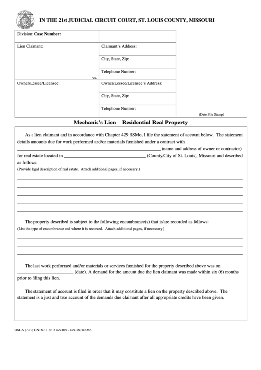 Fillable Mechanic&#39;S Lien - Residential Real Property Form - St.louis County, Missouri printable ...