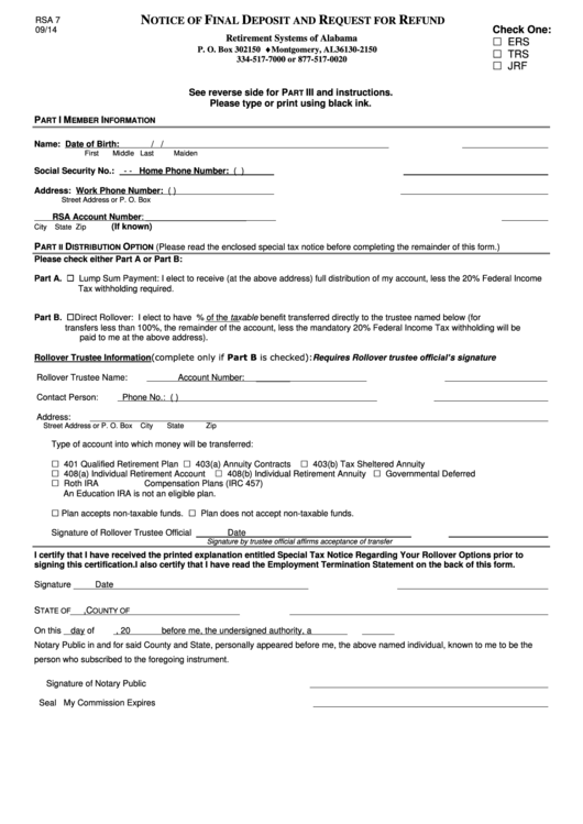 Fillable Form Rsa 7 - Notice Of Final Deposit And Request For Refund - Alabama Printable pdf