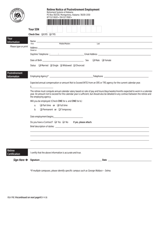 Fillable Retiree Notice Of Postretirement Employment Form - Alabama Printable pdf