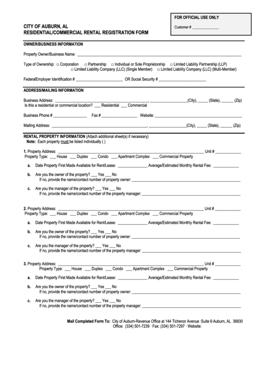 Residential/commercial Rental Registration Form - Alabama Printable pdf
