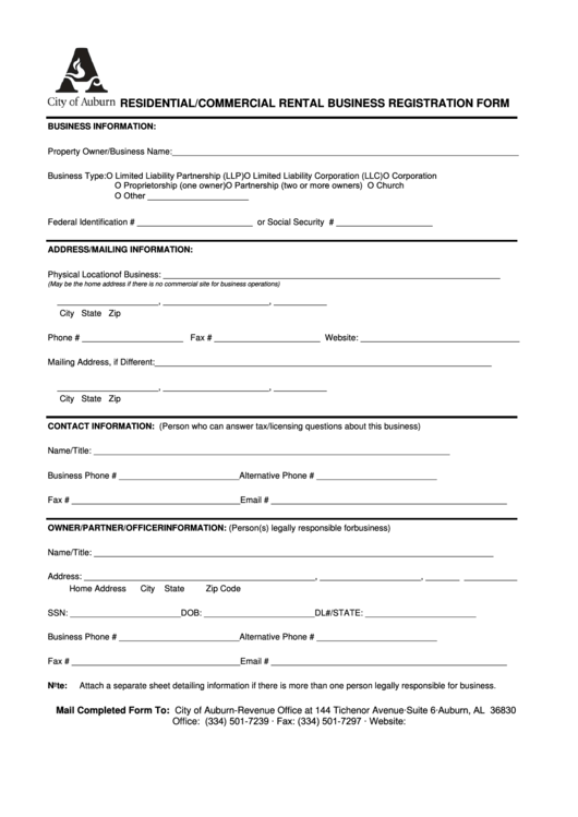 Residential/commercial Rental Business Registration Form - Alabama Printable pdf