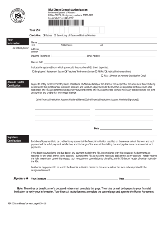 Form Rsa Ddr - Rsa Direct Deposit Authorization - Alabama Printable pdf